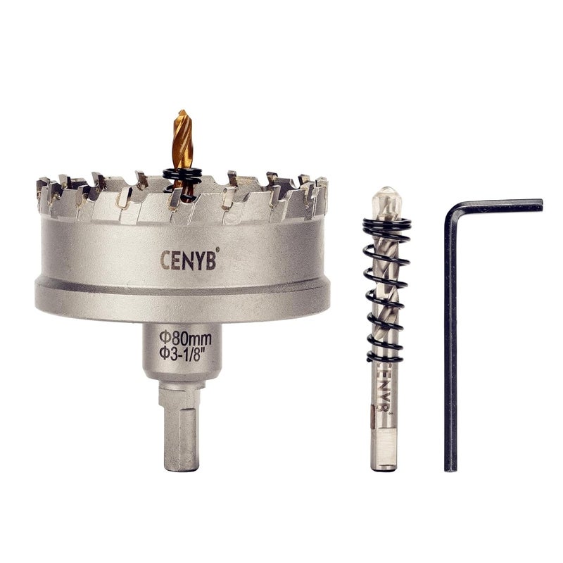 cenyb 3-1/8" (80mm) Tungsten Carbide Tipped Hole Saw with 2Pcs Titanium-Plated Pilot Drill Bits for Hard Metal,Stainless Steel,Iron,Aluminum Alloy,Wood and Plastic - Image 1